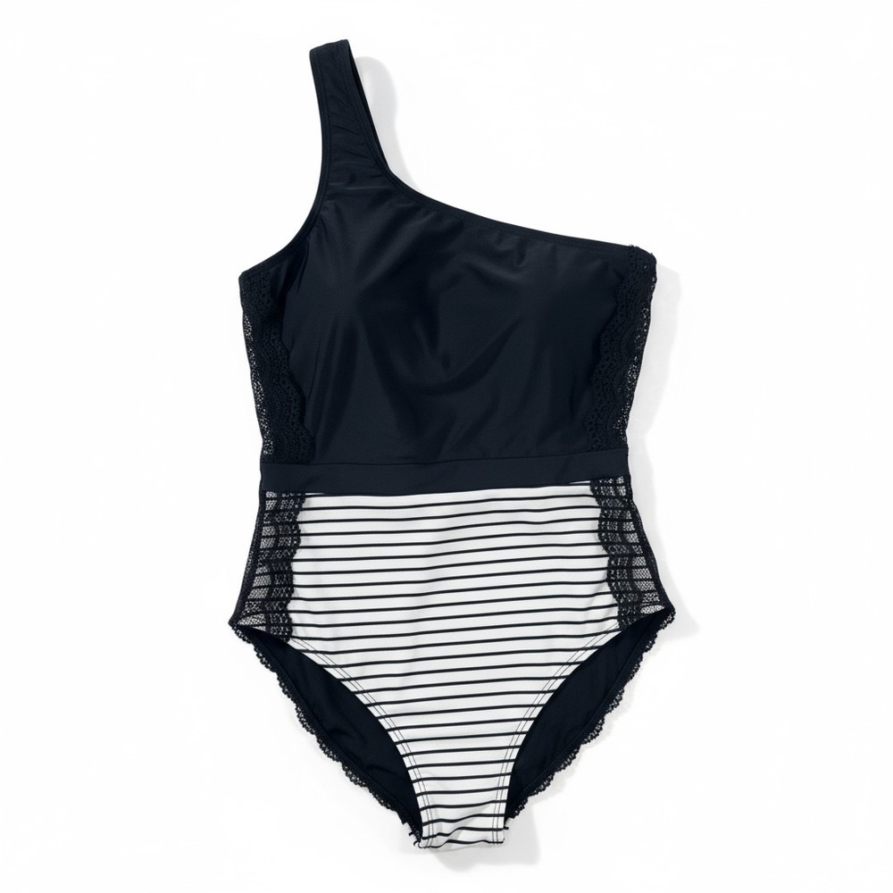 Source Unknown Black and White Striped One Shoulder Swimsuit - Picture 4 of 6